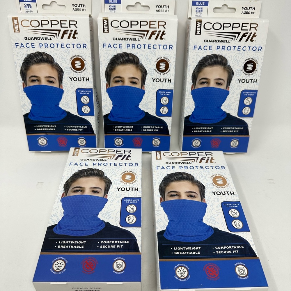 Copper Fit Guardwell Face Protector Mask Youth Blue Washable ONE SIZE Qty of 5